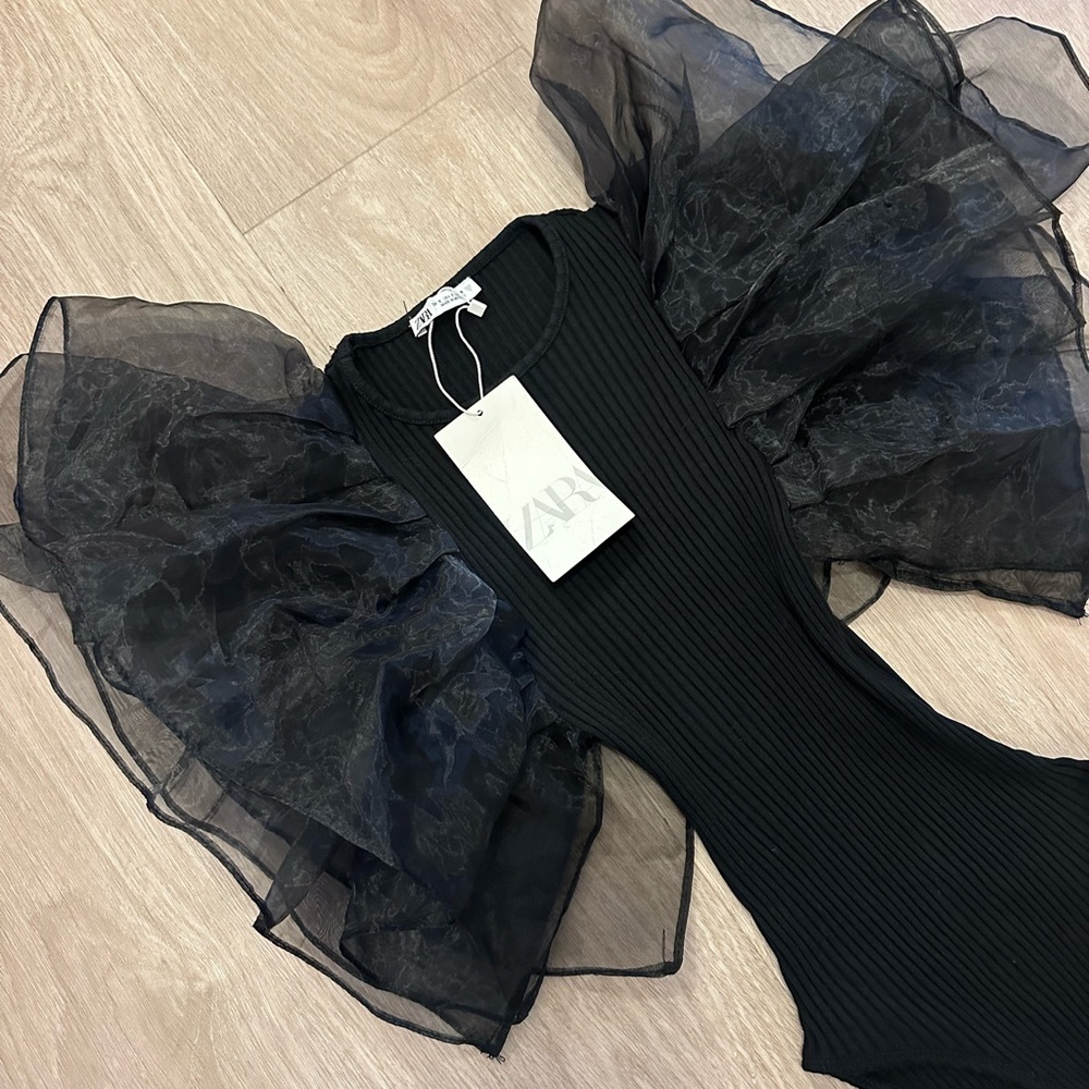 Zara tulle ruffled black rubbed bodysuit sleeveless top - Picture 4 of 4